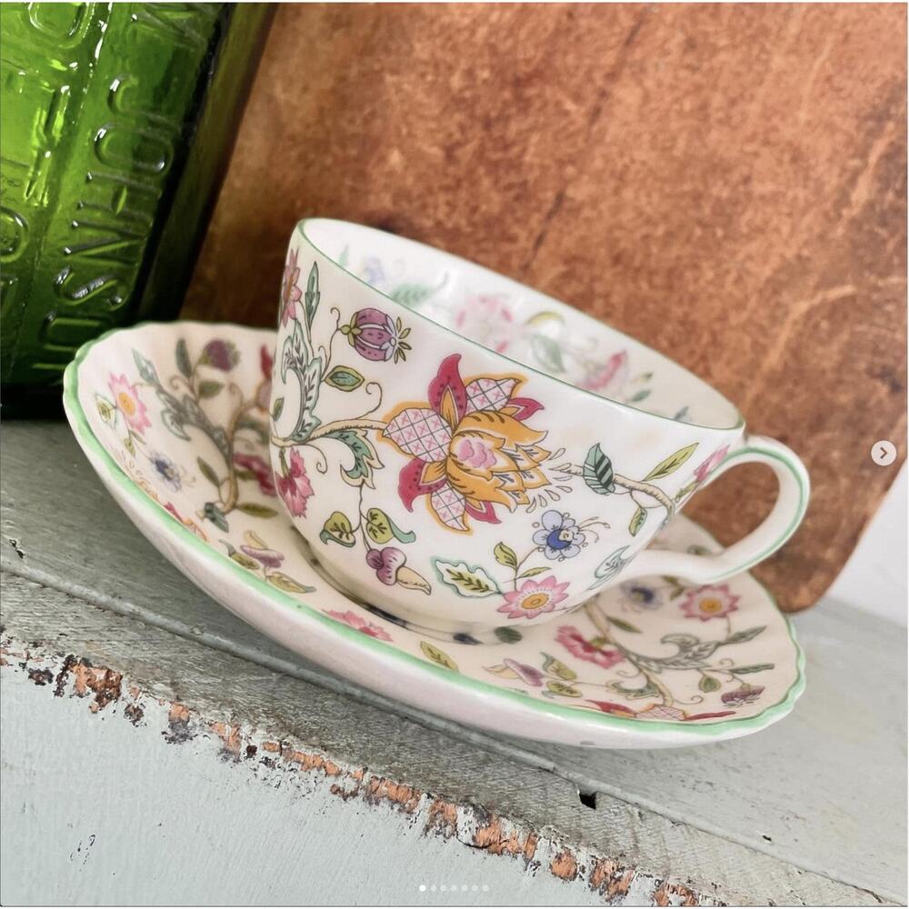 Vintage Teacup Saucer Minton England Bone China Swirl Floral Haddon Hall Pattern